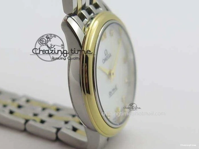 0503 OnTrend De Ville 27mm SS YG Ladies MK 1:1 Best Edition White MOP Dial Diamond Markers On SS Bracelet Ronda Quartz 8187
